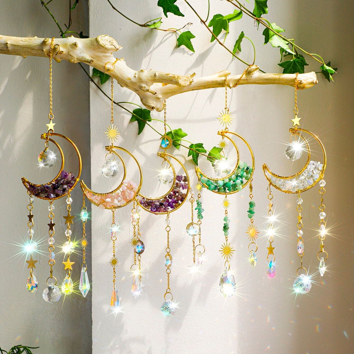 Xmas Outdoor Lighting Decorations - Crystal Suncatcher Moon Amethyst Rainbow Maker